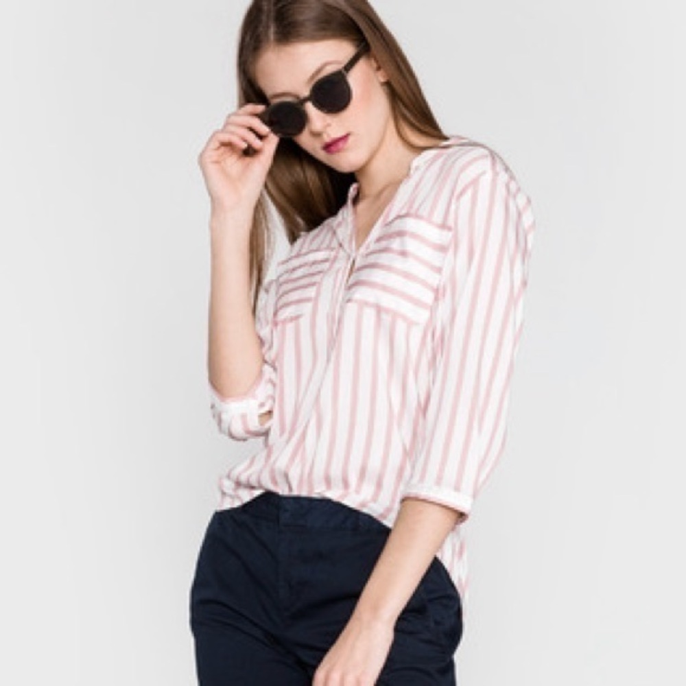 Women’s Vero Moda Large Erika Blouse Coral Stripes Notch Neck 3/4 Sleeve